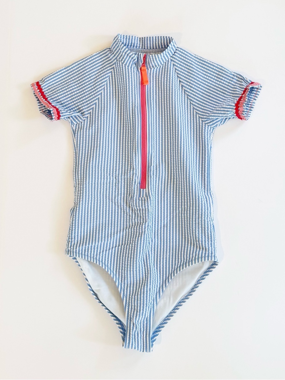 Crewcuts Blue & White Seersucker Short Sleeve Rash Guard Swimsuit - Picture 1 of 4